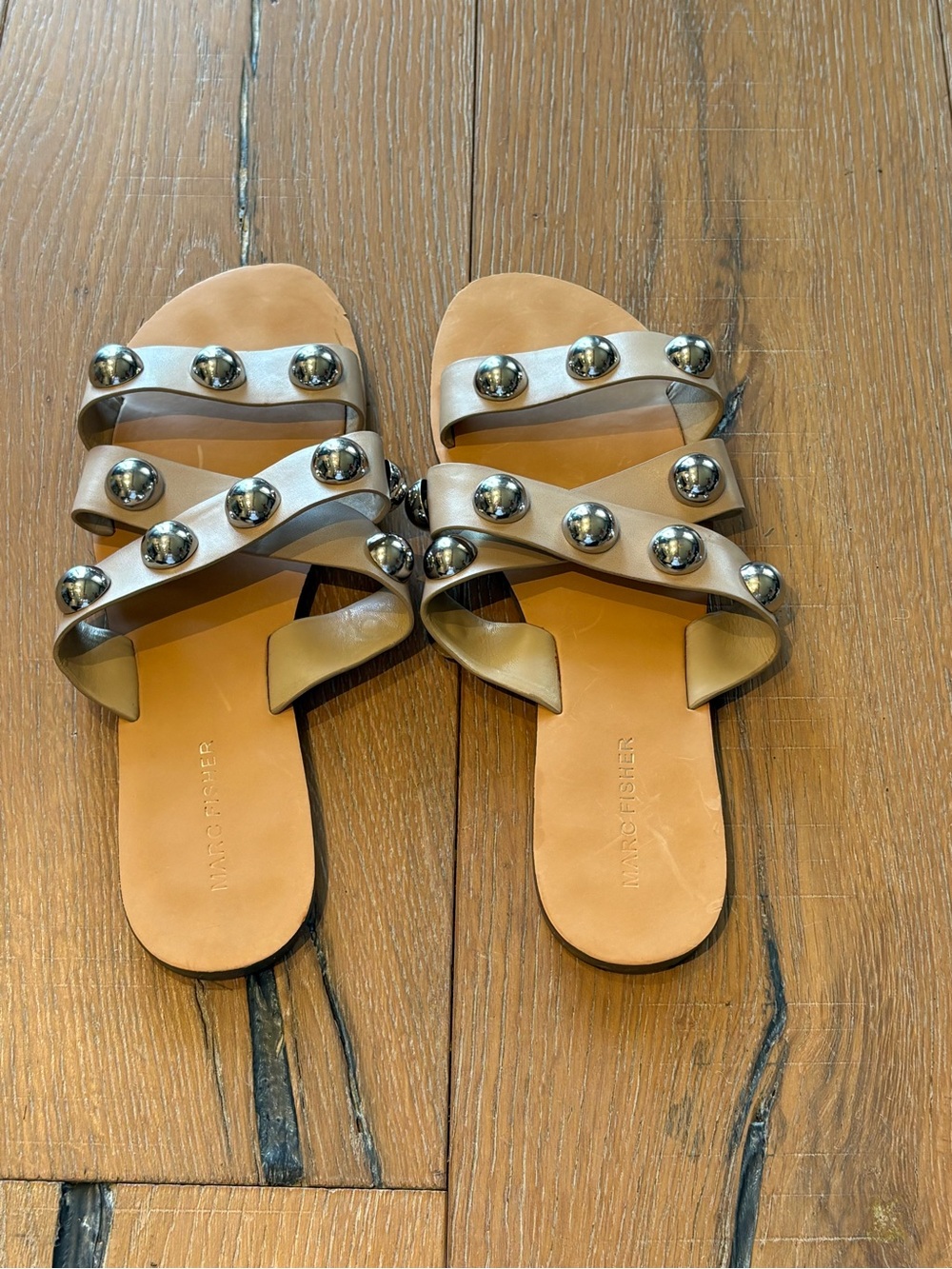 Marc Fisher Metallic Champagne Stud Slide Sandals